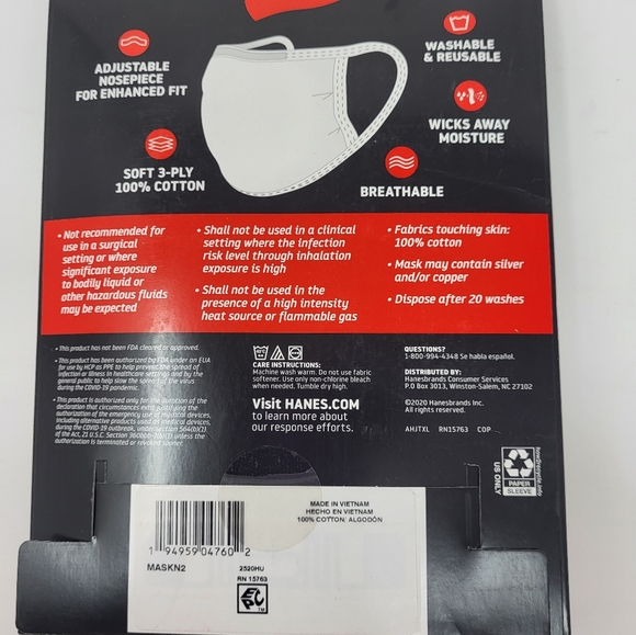 Hanes 10 White 3 Ply Cotton Reusable Face Masks White - Picture 3 of 4